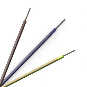 FEP/PVC-003, PVC/PVC-002, PVC/PVC-003 - this photo shows 3 double insulated single conductors with green/yellow, blue and brown sheaths.