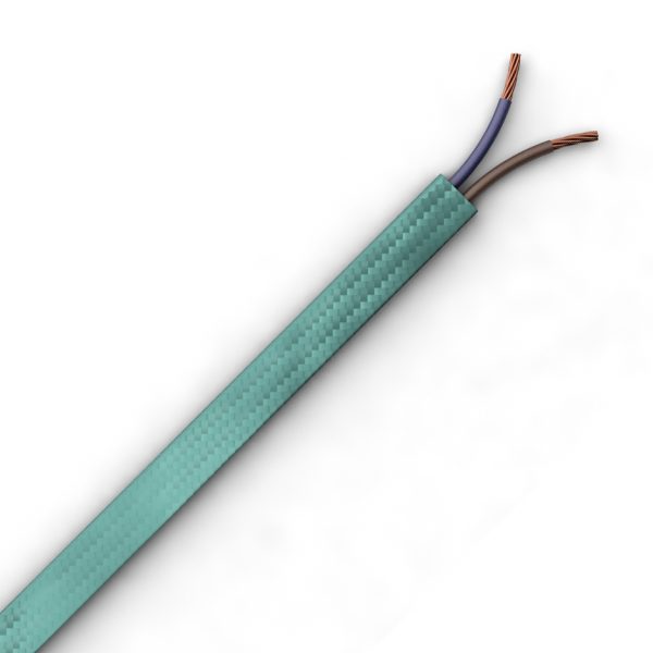 Picture shows a 2 core flat festoon cable with a teal braid (FEST-OB)