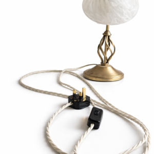 Vintage-style cream twisted fabric electrical lead set featuring a braided cable, inline switch, and UK three-pin plug for lighting or home use