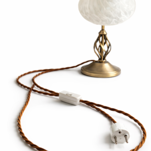 Braided whiskey and old gold electrical lead with integrated inline switch and EU plug, ideal for lamps and bespoke lighting projects