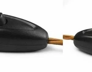 Black inline on/off cord switch with durable plastic housing, designed for lamp cords and small electrical appliances, featuring a compact rocker-style switch for easy power control.
